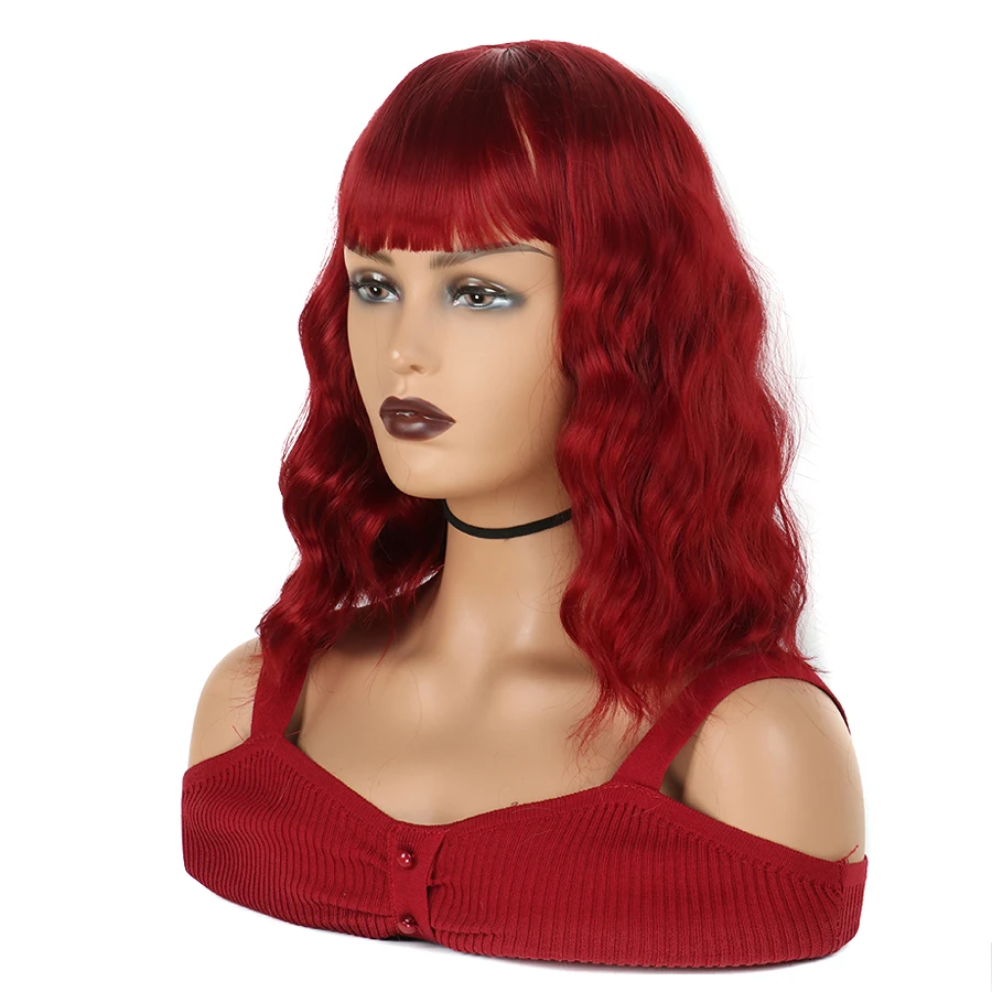 المرأة الاصطناعية قصيرة الأحمر مجعد موجة المياه شعر مستعار للسيدة البيضاء تأثيري ملابس الحفلات ارتفاع درجة الحرارة الألياف #4