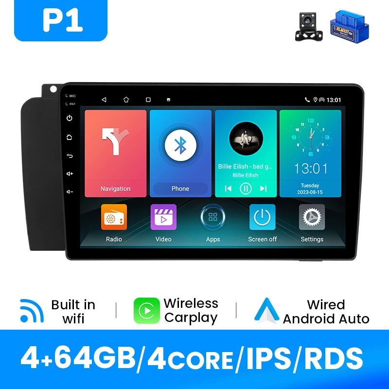9 inch Android 14 2 DIN autoradio voor Volvo XC70/V70/S60 P24/P26 2004-2009 Draadloze Carplay & Android Auto 4G Wifi GPS Plug and Play