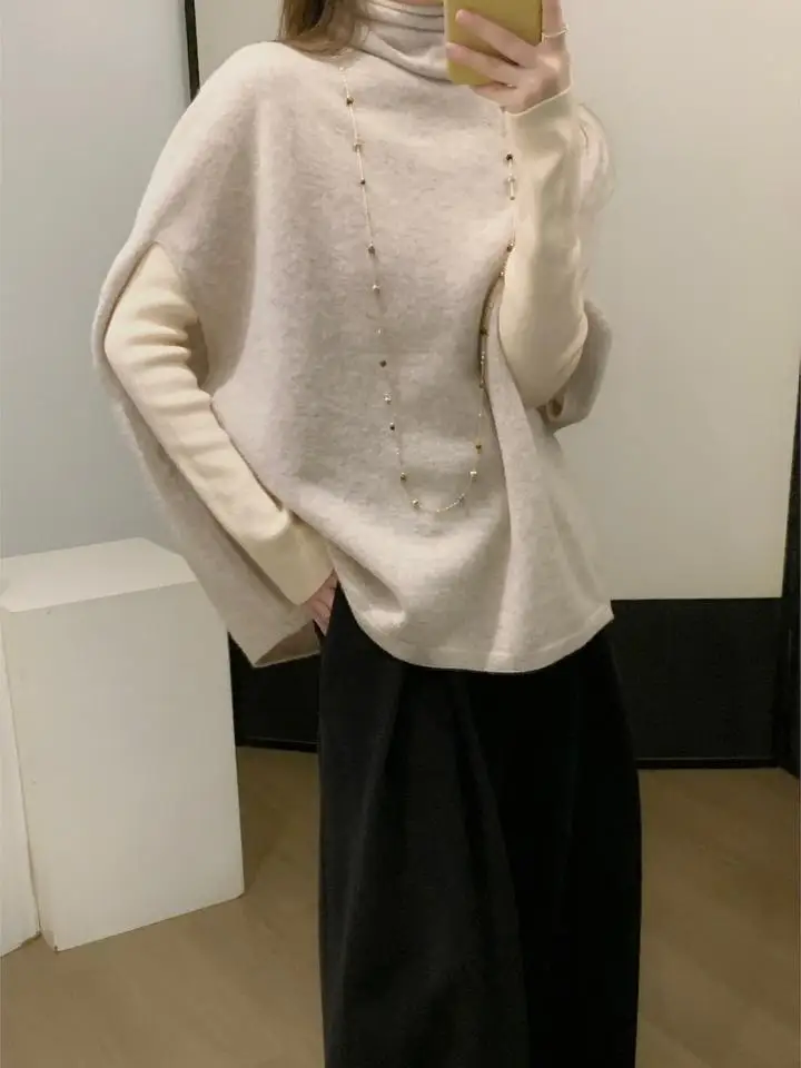 FlowGaga Lazy Sle High Collar Wool Knitted Vest Svel Overlap Advanced Feelment Cloak Women's Loose Fit Faionable Sw...