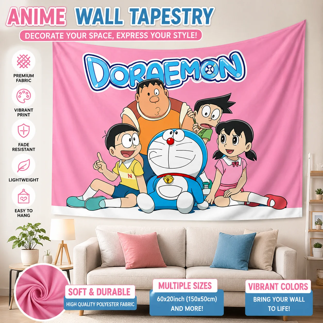 Tapiz con foto del grupo Doraemon, fondo rosa, decoración de pared de Nobita Shizuka Gang para decoración de dormitorio