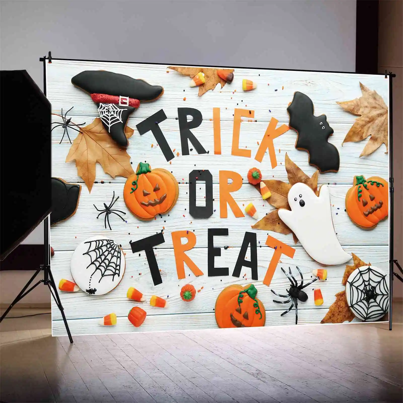 MOON.QG Backdrop Halloween Trick Or Treat Banner Background Custom Baby Party Photo Booth Wood Board Spider Web Bat Ghost Props