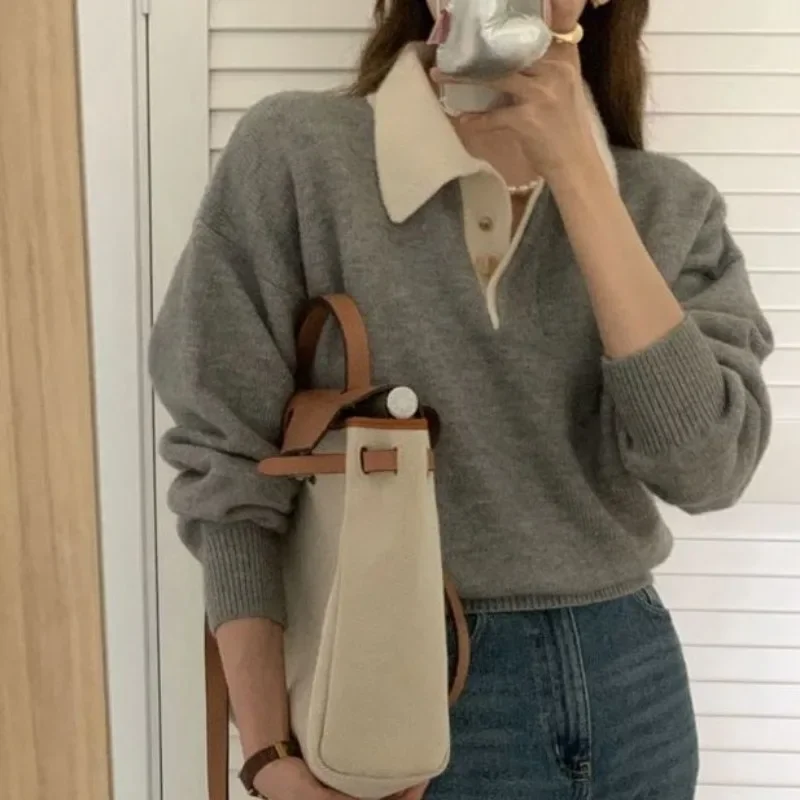 Vintage Long Sleeve Female Sweater Korean Style Youthful Woman Gray Jerseys Office Wear Elegant Ladies Knit Pullovers