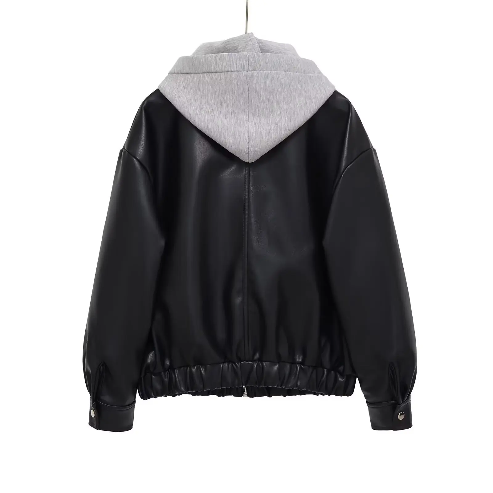 Casual Loose Patchwork Hooded Leather Effect Jacket Coat Women's Fashion Outerwear with Pockets Long Sleeve Zipper Closure