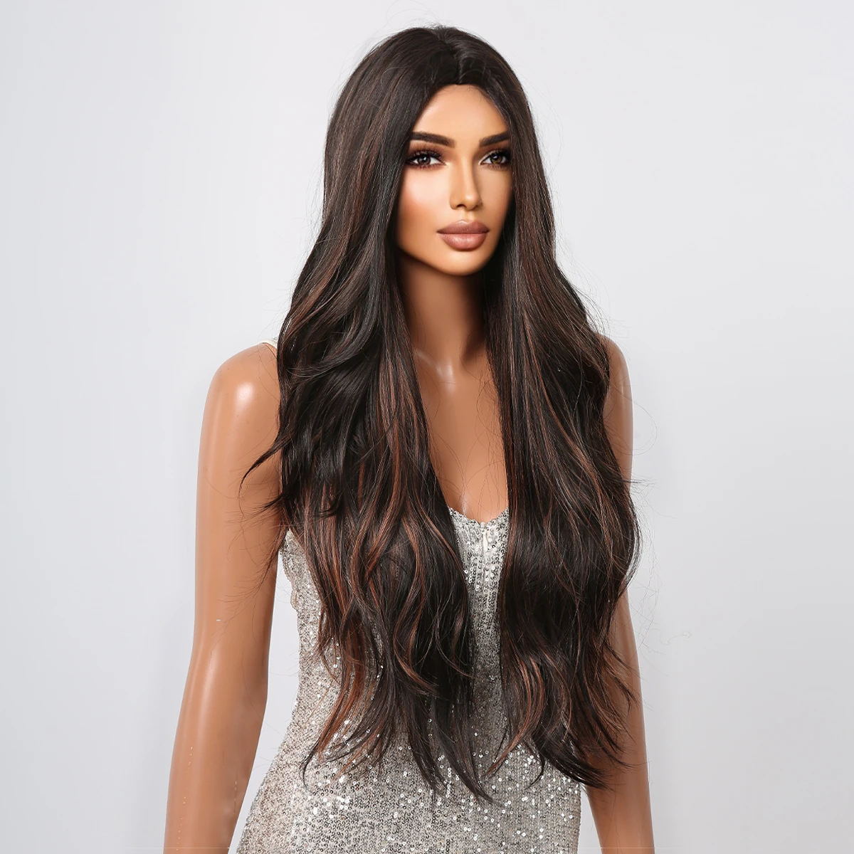 HENRY MARGU Long Wavy Synthetic Wigs Black Brown Highlights Middle Part Wig for Women Use Daily Party Heat Resistant Fiber