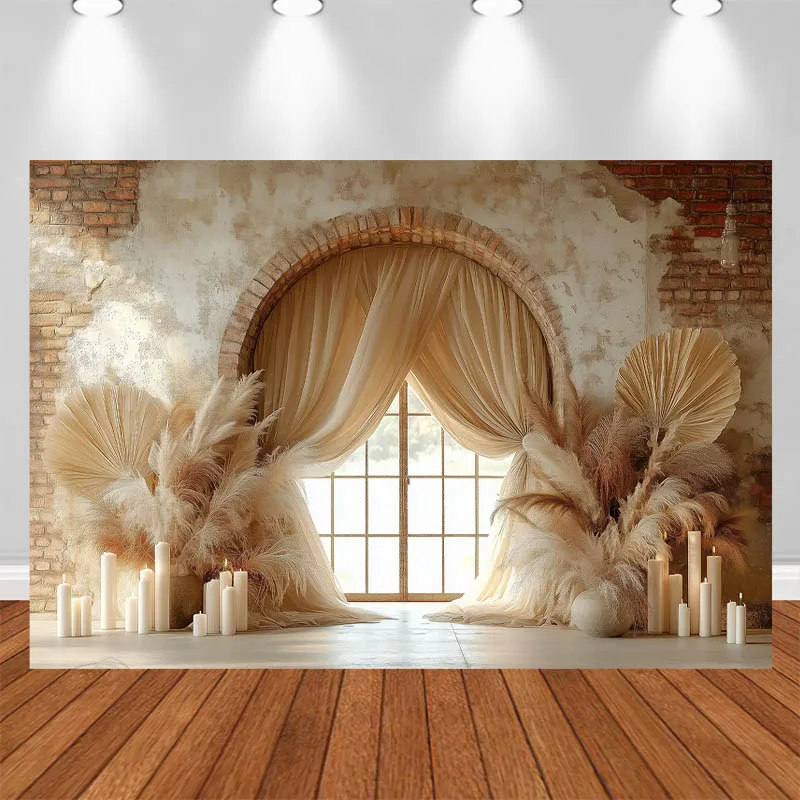 

LS Photography Background Vintage Arched Window Scene Curtains Pampas Grass Candle Decor Adult Portrait Photo Backdrop Studio