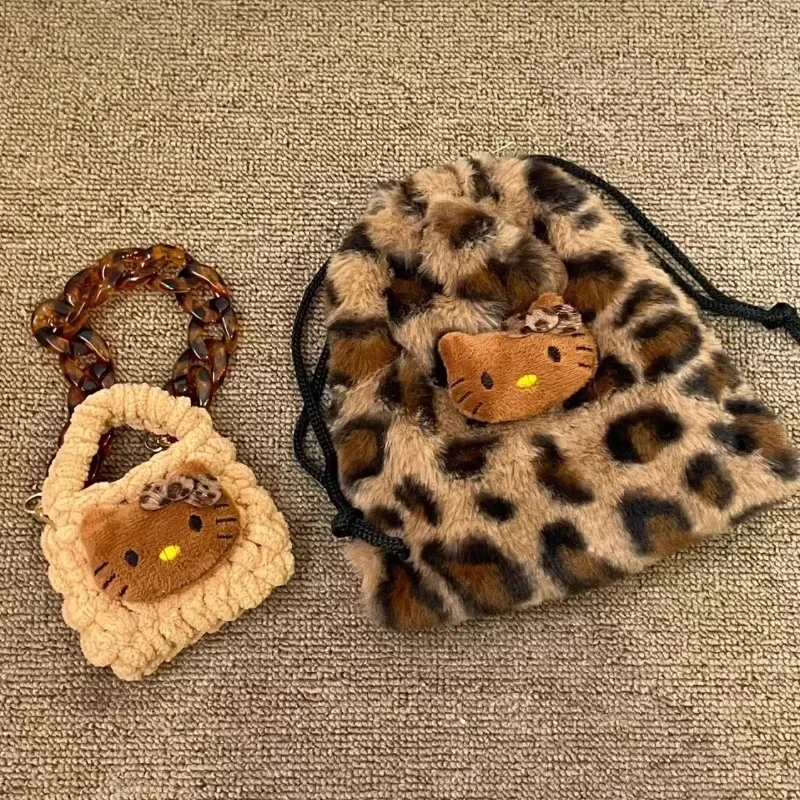 Vintage Cute Leopard Print Bow Hello Kitty Storage Bag Handbag Mini Crossbody Bag Kawaii Plush Earphone Bag Girly Accessories