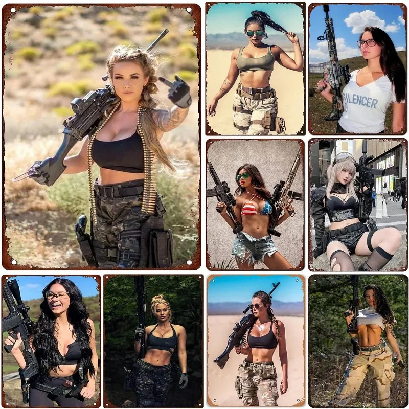 Military WomenMetal Tin Signs Army Pinup Girls Posters Plate Wall Decor for Bars Man Cave Cafe Clubs Retro Posters Plaque