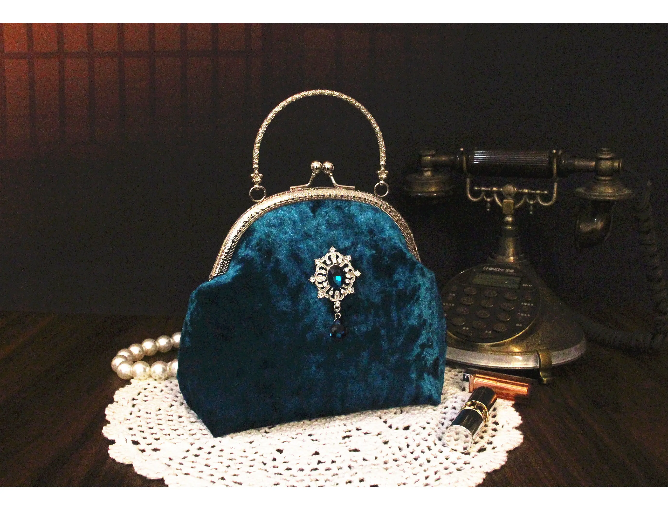 Lost in Vintage Petrol Blue Velvet Elegant Evening Bag Metal Kiss-lock Frame in Silver with Crystals and Rhinestones Wedding