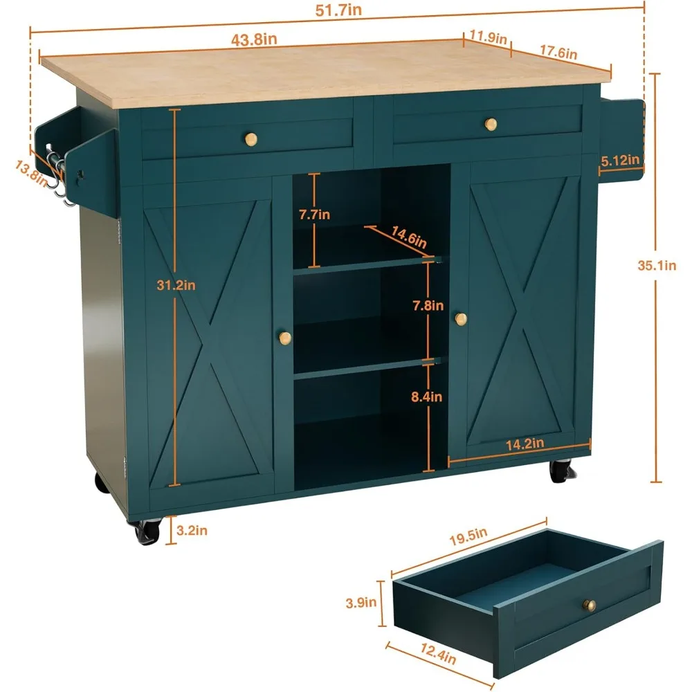 Kitchen Island, Rolling Kitchen Island Cart with Drop Leaf Countertop, Kitchen Island Table with Storage Cabinet and Tower Rack