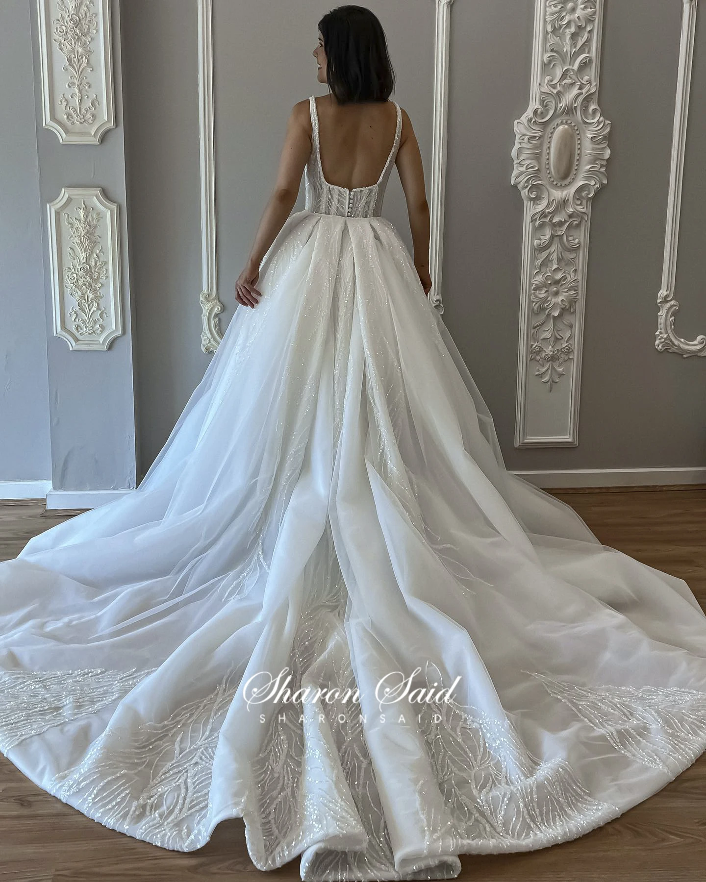 Sharon Said Luxury Beaded Square Neck Mermaid Wedding Dress With Overskirt 2026 Elegant Backless 2 in 1 Bridal Gowns SW006