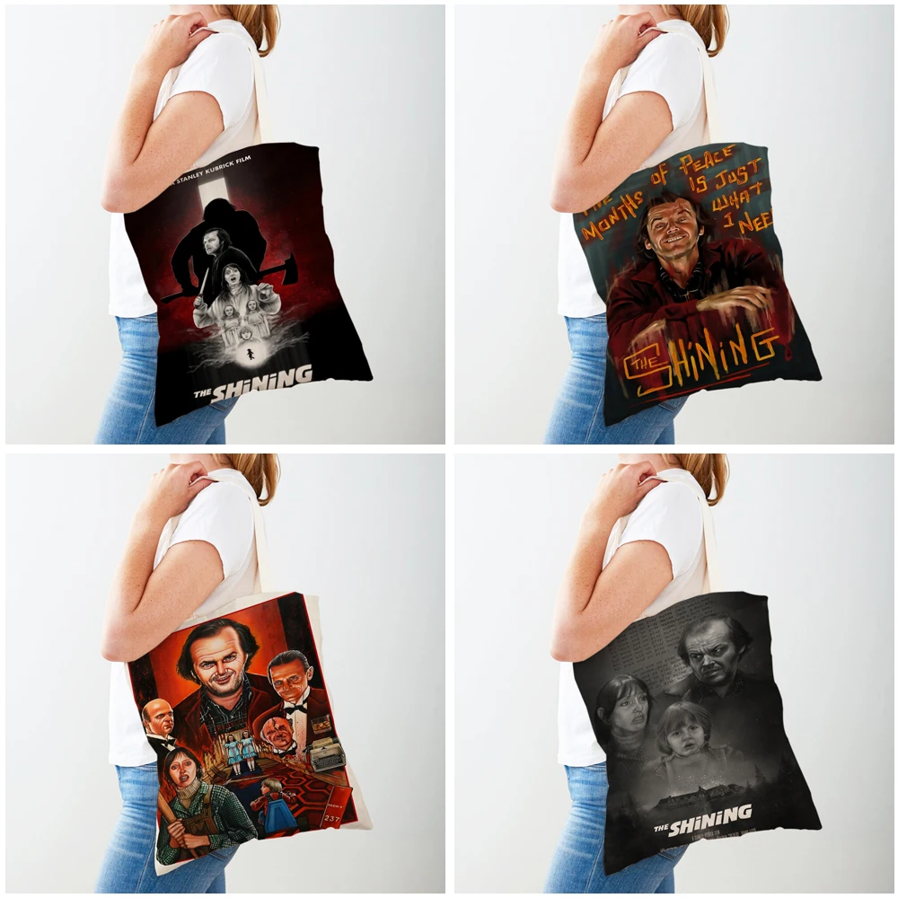 Canvas Women Shopper Bag Horror Film The Shining Lady Shopping Bags Classic Movies Double Print Foldable Cartoon Travel Handbag