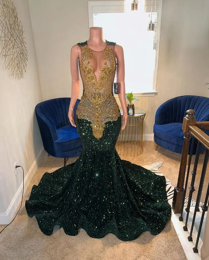 Hunter Green Gold Luxury Prom Party Gala Dresses for Black Girl Sparkly Diamond Velvet Mermaid Evening Gown robe bal soirée