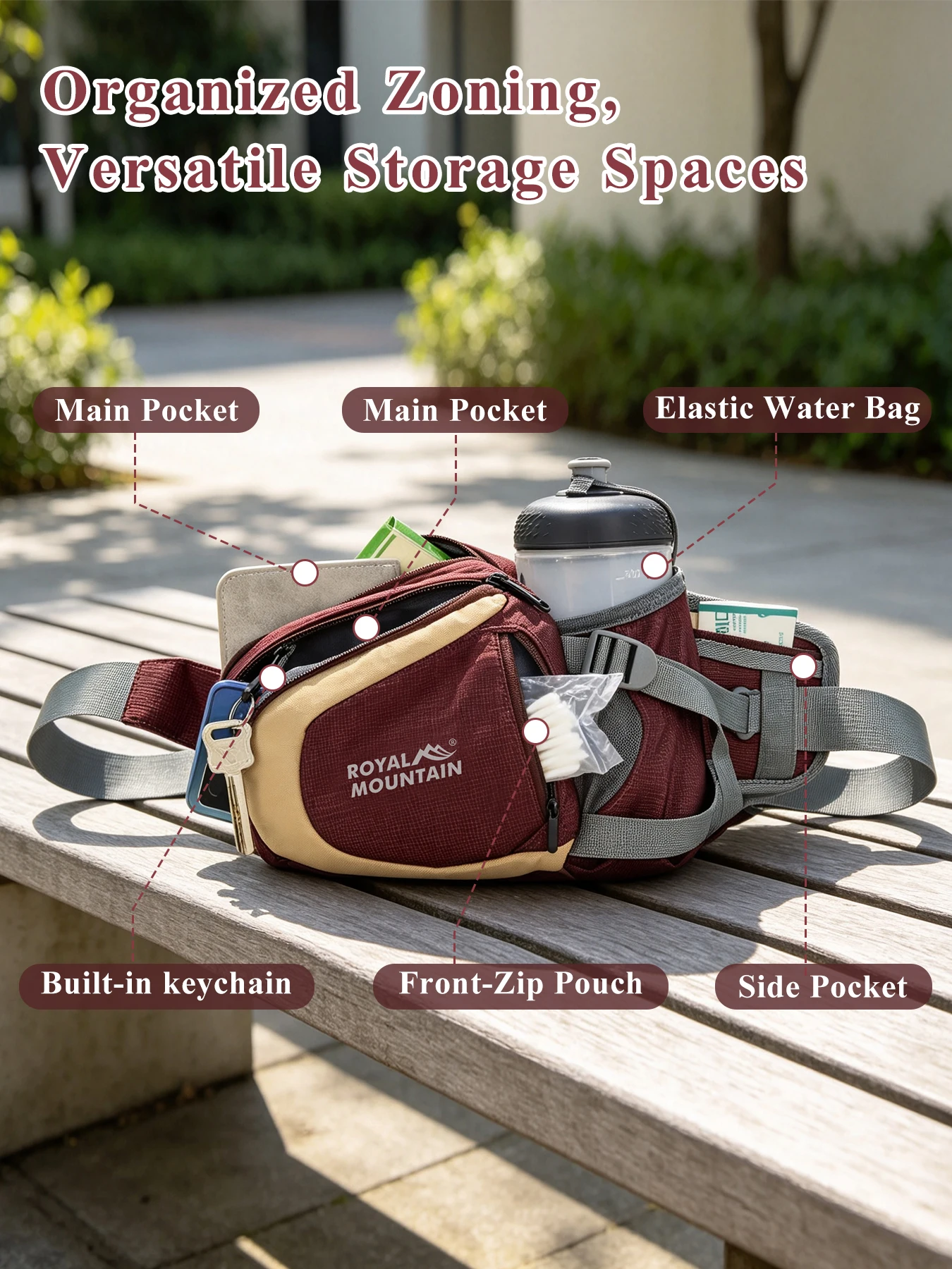 ROYAL MOUNTAIN funktionelle Hüfttasche mit mehreren Fächern, Schlüsselanhänger und einer unsichtbaren kleinen Innentasche, ideal zum Sport, Laufen und Wandern. – Detail 3