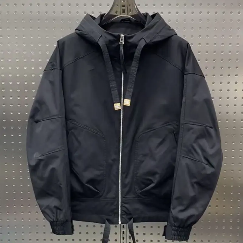 Men's American Casual Hooded Jacket, Harajuku Style, Drop-Shoulder Sleeve Coat, Thin Section Solid Color Outerwear