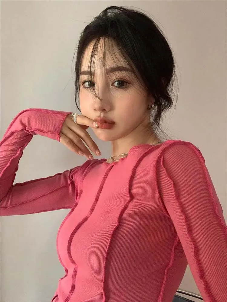女性用長袖ラウンドネックTシャツ、エレガントな明るいラインの装飾、スリム、カジュアル、ソフト、レディースウェアTシャツ、単色、高品質、春