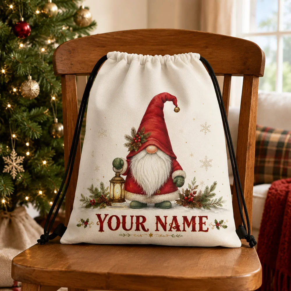 Custom Name Christmas Gnome Drawstring Backpack, Polyester X‑mas Holiday Sack Bag, Festive Gift Storage Shoulder Bag