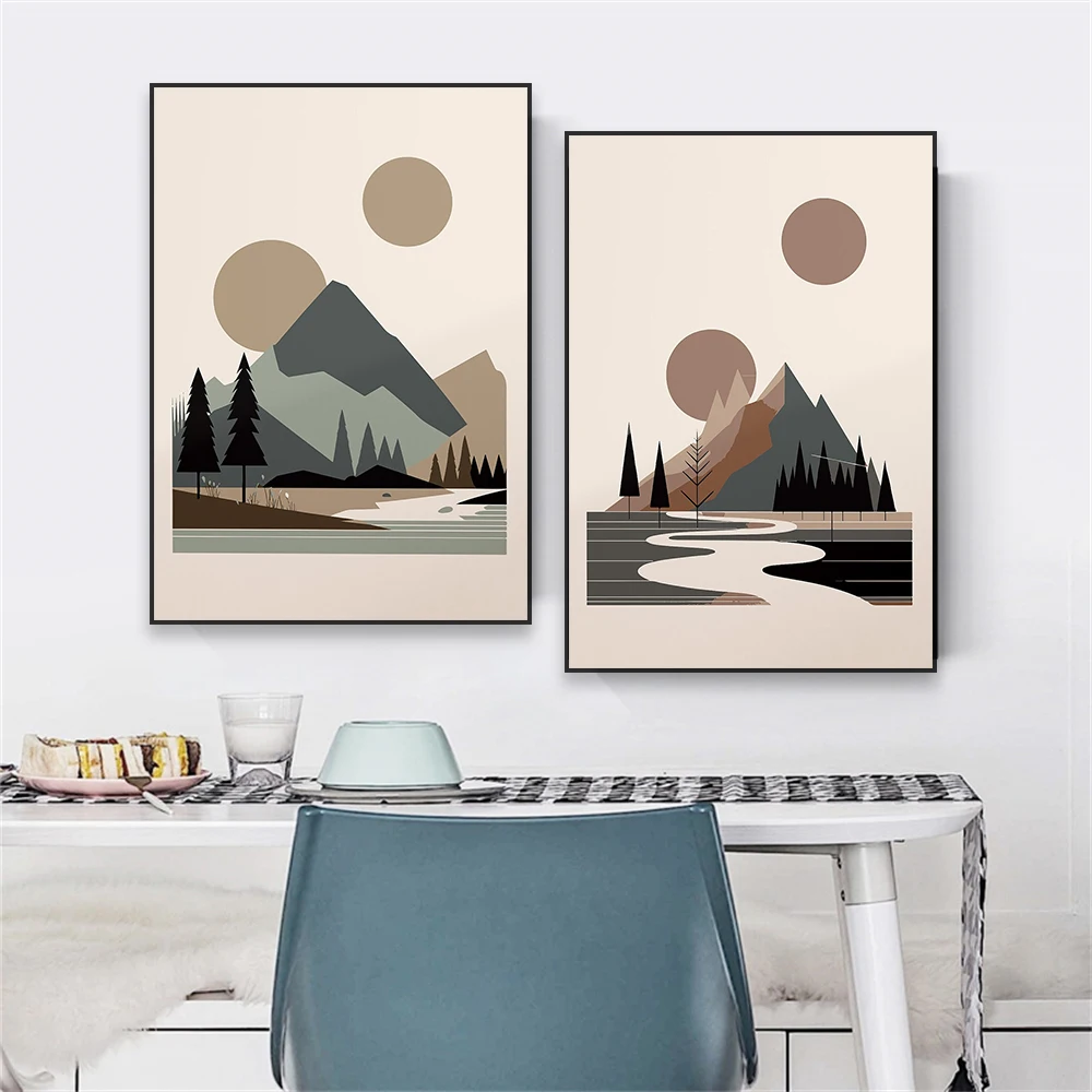 Landscape Print Abstract Nature Scandinavian Poster Minimalist Geometric Scene of Mountains and Forest Canvas Painting Decor