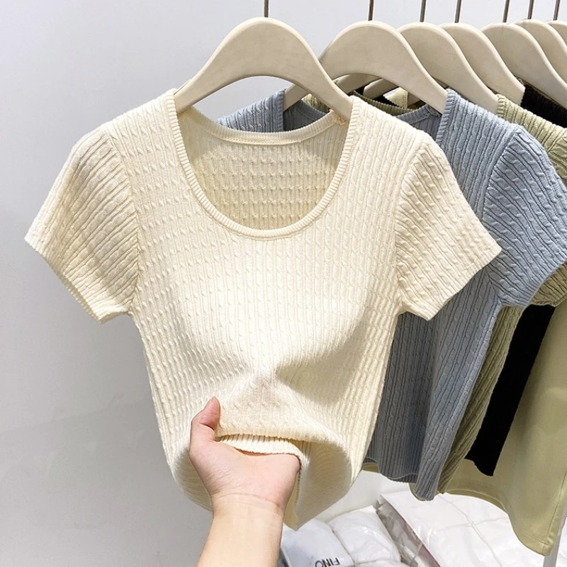 

Pure Color U-Neck Short Sleeve T-Shirt Women's Summer 2025 Twisted-stitch Knitted T-shirts Exposing Clavicle Slimming Tops