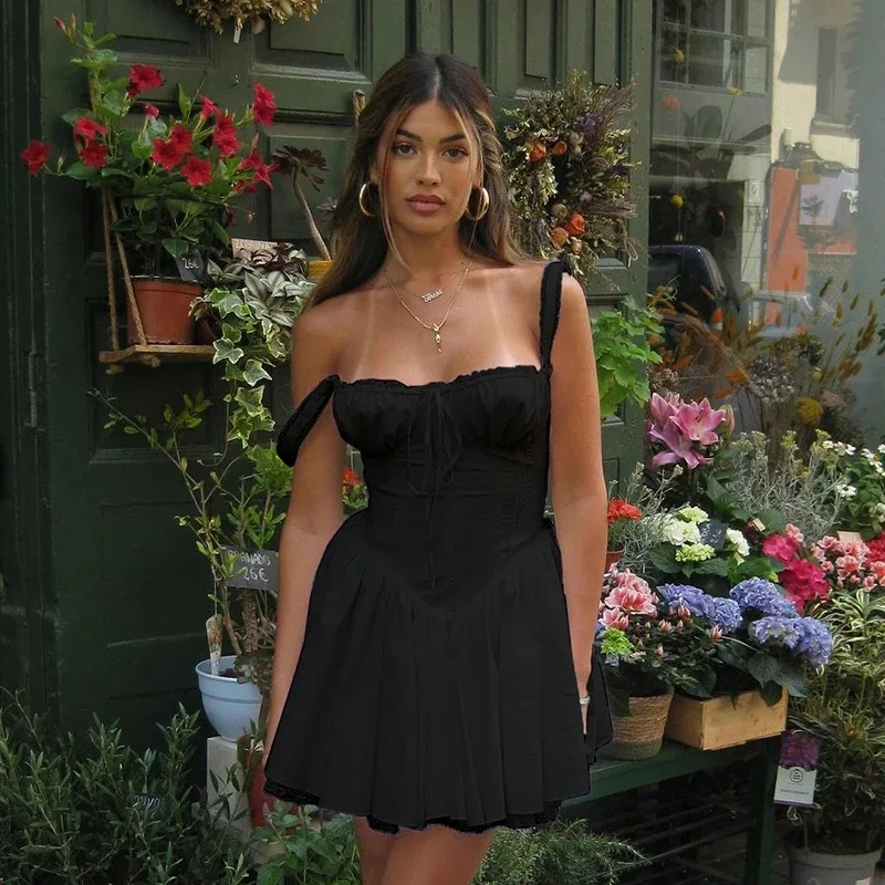 Mulheres elegantes verão rendas floral retalhos espartilho mini vestido sem mangas pescoço quadrado tie-up curto tanque a linha vestido de festa fluido