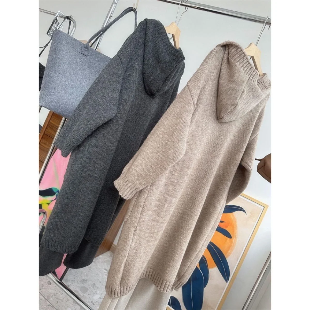 

Mid-Long Cardigans Navy Blue Womens Autumn Round-Neck Fashionable Turtlneck Puffed Knittig Casual Textured Hem Pure Splice Row