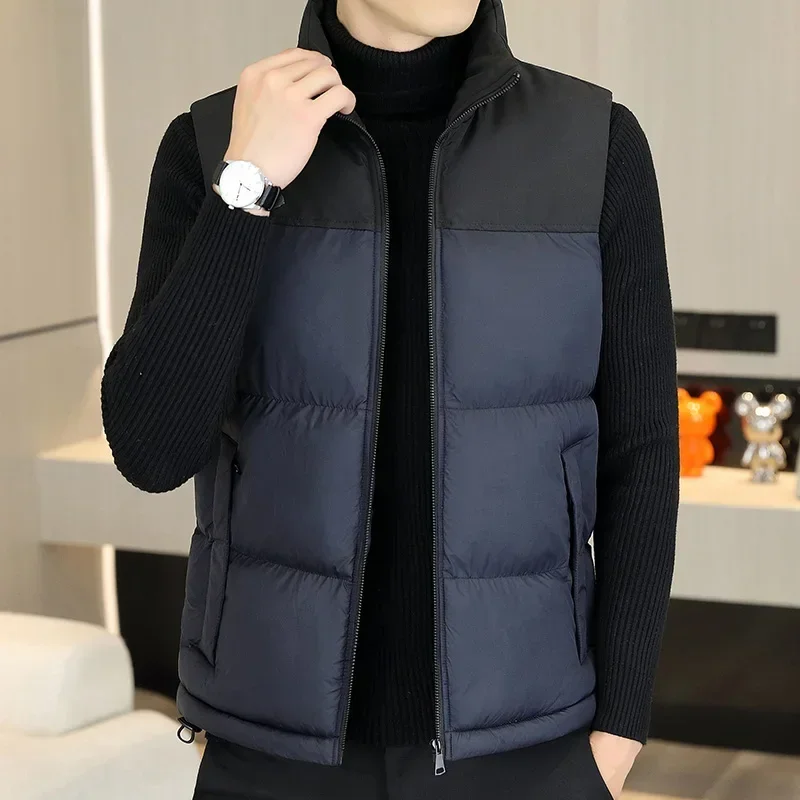 New Winter Man Sleeveless Vest Thickened Color Patchwork Fashion Zip-up Vest Mens Casual Oversize Male Coat