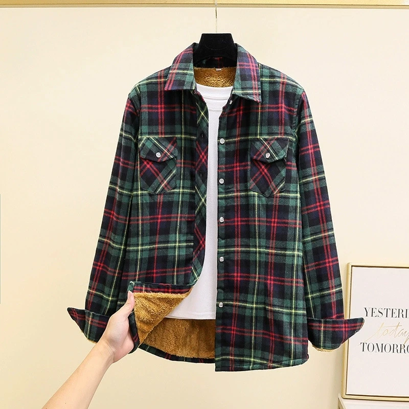 

2025 Winter New Women's Warm Fleece Shirts Vintage Plaid Thicken Plus Velvet Casual Shirt Coat College Style with Pocket Blouse