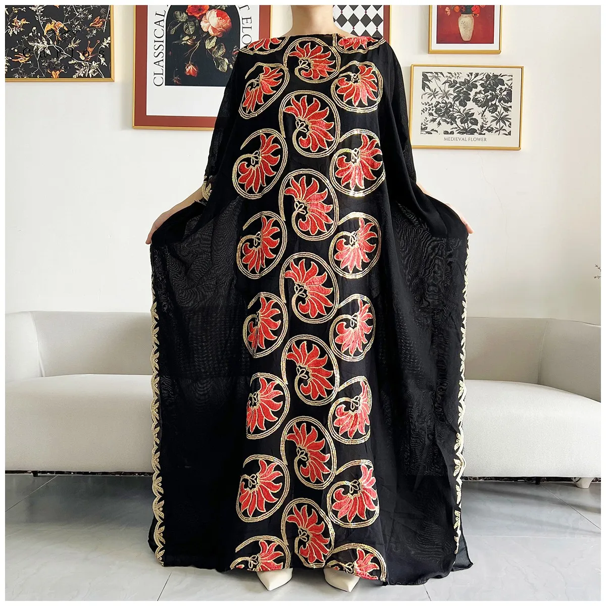 New Women Muslim Sequin Embroidery Long Black Lady Clothes Fashion New Arrival African Embroidery Flower Dresse With Scarf