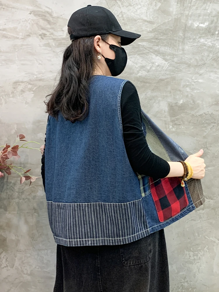 Max LuLu Fashion Autumn Sleeveless Clothes Womens Loose Plaid Denim Vest Classic Printed Coats Ladies Casual Vintage Waistcoats