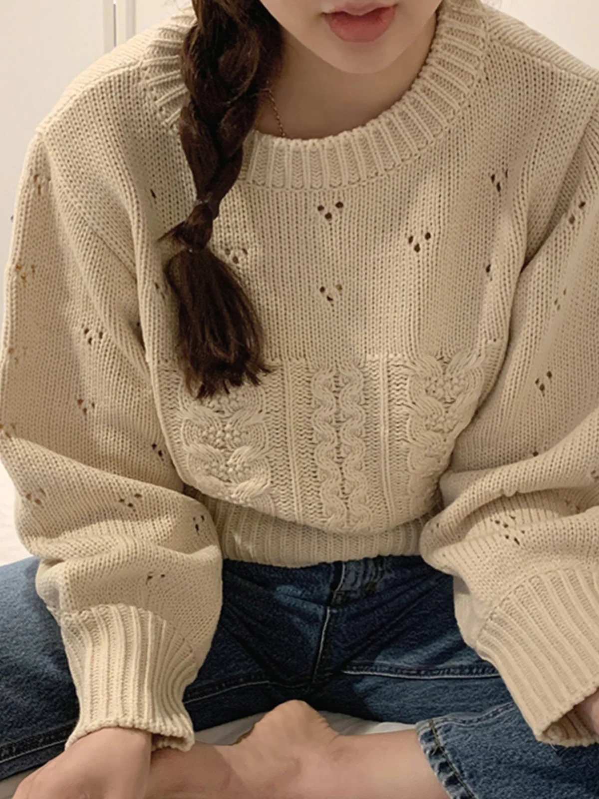 White Knitted Sweater Women's Autumn Winter New Sle round Ne Overhead Vintage Gentle Wind Outerwear Top Women