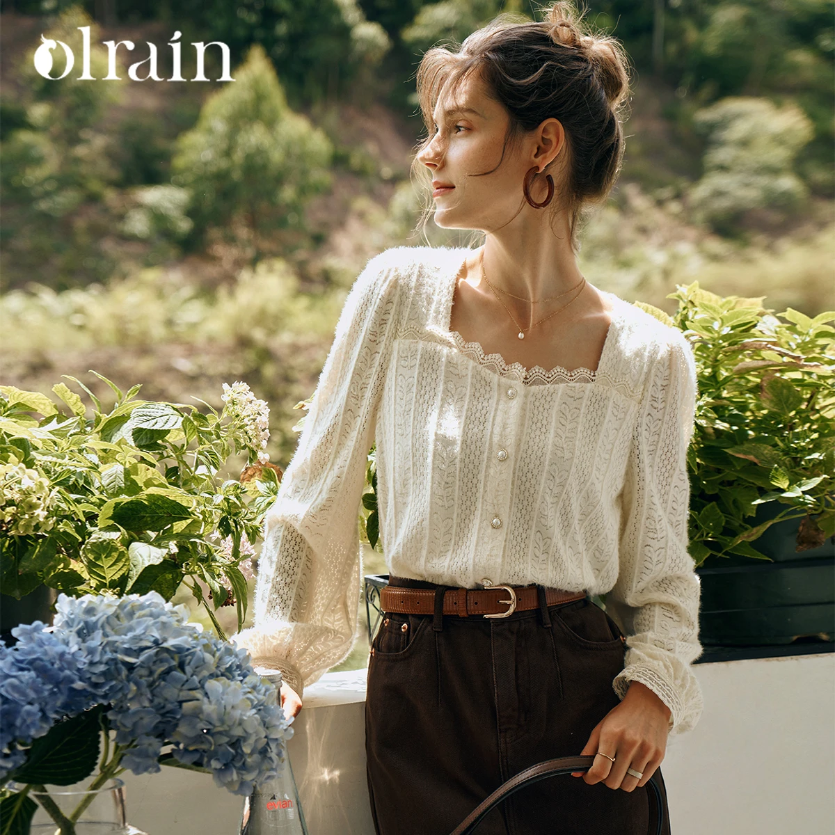 OLrain Romige Abrikoos Kant Chiffon Shirt Dames Herfst 2025, Franse Vierkante Hals Elegante Blouse Kantoor Dagelijkse Slijtage Top O57QX85513