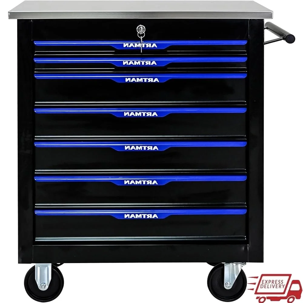 

7 Drawer Rolling Tool Cabinet Trolley Lockable Tool Storage with 4 Wheels Durable Steel Organizer Cart