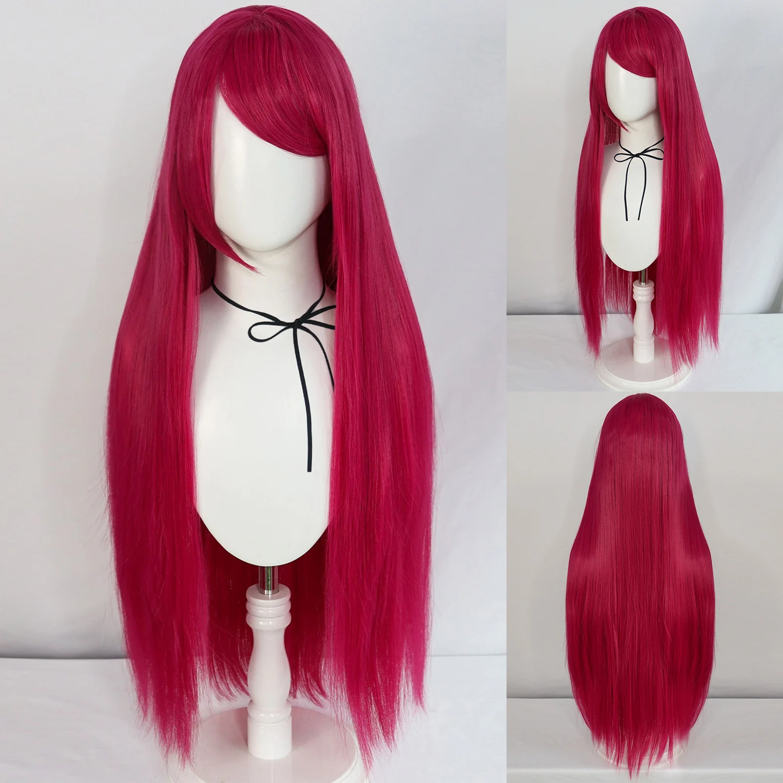 Synthetic Long Straight Rose Red Princess Cosplay Wig with Bangs Women's Wig for Halloween