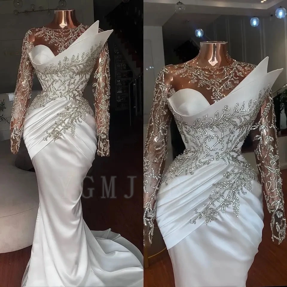 Satin African Wedding Dresses 2025 Luxury Bride Mermaid Rhinestone Crystal Beads Long Sleeves Dubai Bridal Gown Customized