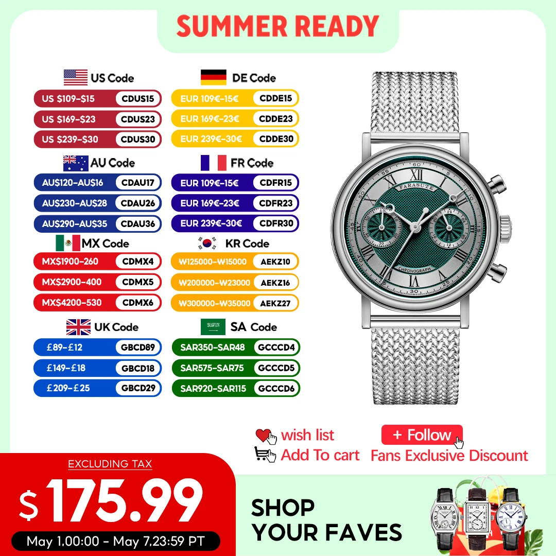 

FARASUTE Japan VK64 Quartz Movement Speed Sports Chronograph Watch For Men Luxury Sapphire Stainless Steel Wristwatches Male