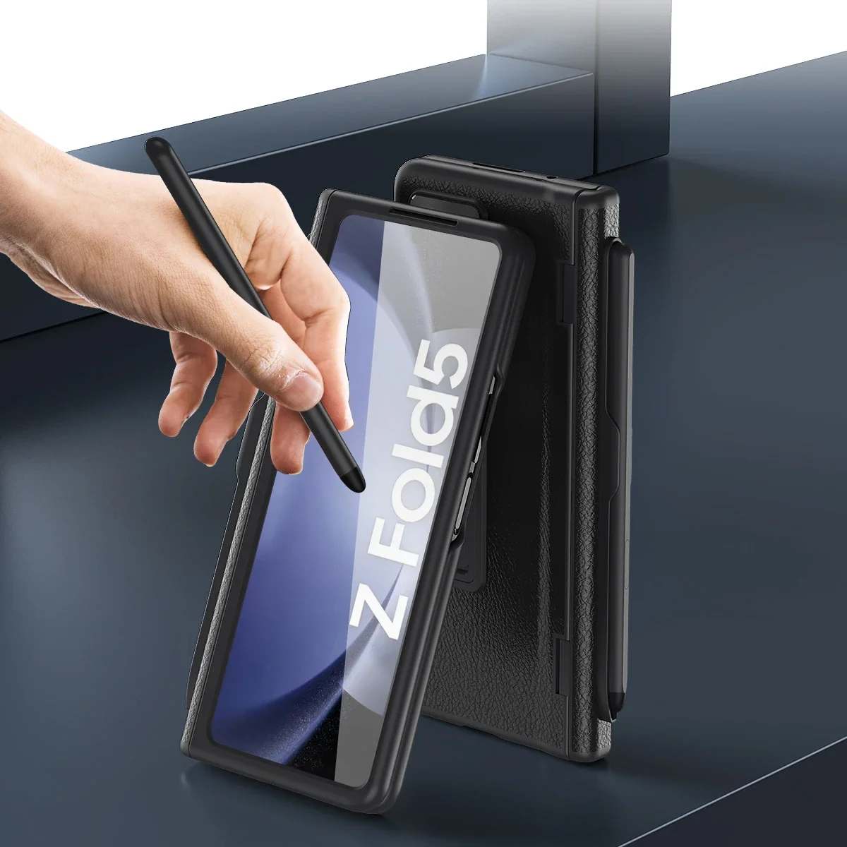 For Samsung Galaxy Z Fold 6 5 4 3 Case Matte Luxury Leather Bracket Folding Hinge With Pen Slot Screen Film Protector Hard Cover