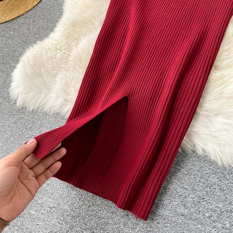 Elegant Sexy Single Breasted Stand Collar Long Sleeve Bodycon Dress French Stretch Knit Tight Vestido Slim Autumn Winter Dresss