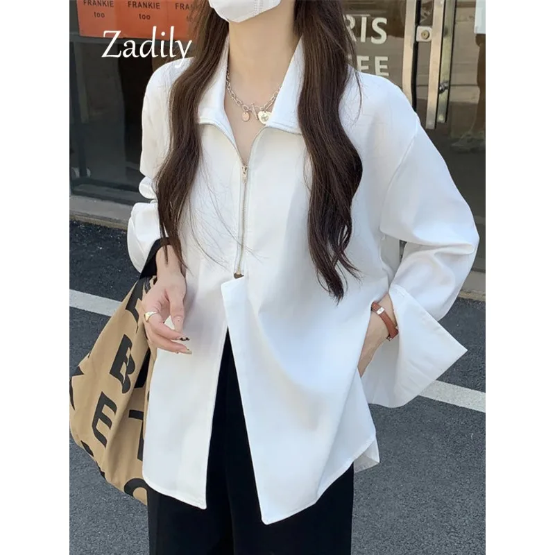 

2024 Autumn Streetwear Long Sleeve White Shirt and Blouse Women Minimalist Zipper Oversize Ladies Shirts Female Clothing Y2K Top