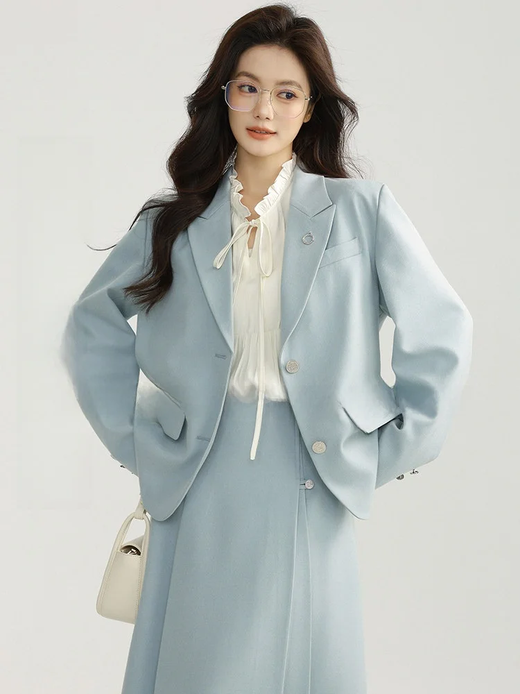 

Blue oulder Pad Suit Women's Spring Autumn Loose Top Coat High Waist Slimming f Skirt Set Ele Casual Workwear