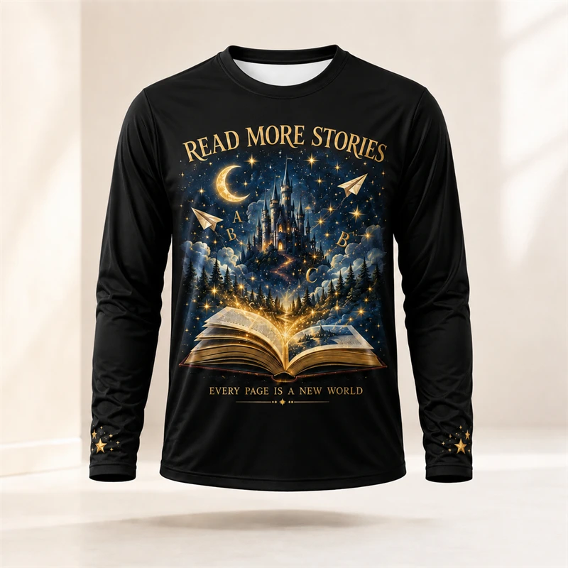 Long Sleeve T Shirt Men 3d Print Read More Stories Magic Book Moon Pattern O Neck Tee Kids Book Lover Casual New Tops Unisex