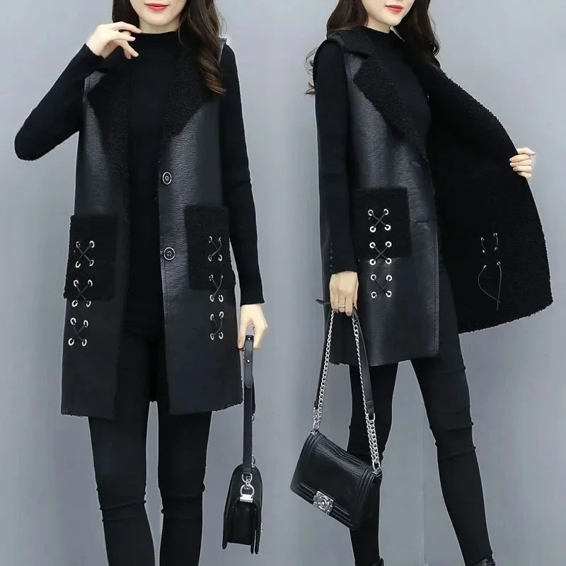 

PU Leather Vest Coat Female Autumn Winter New Long Waistcoat high-Grade Thick Sleeveless Jacket Women Overwear Top C129