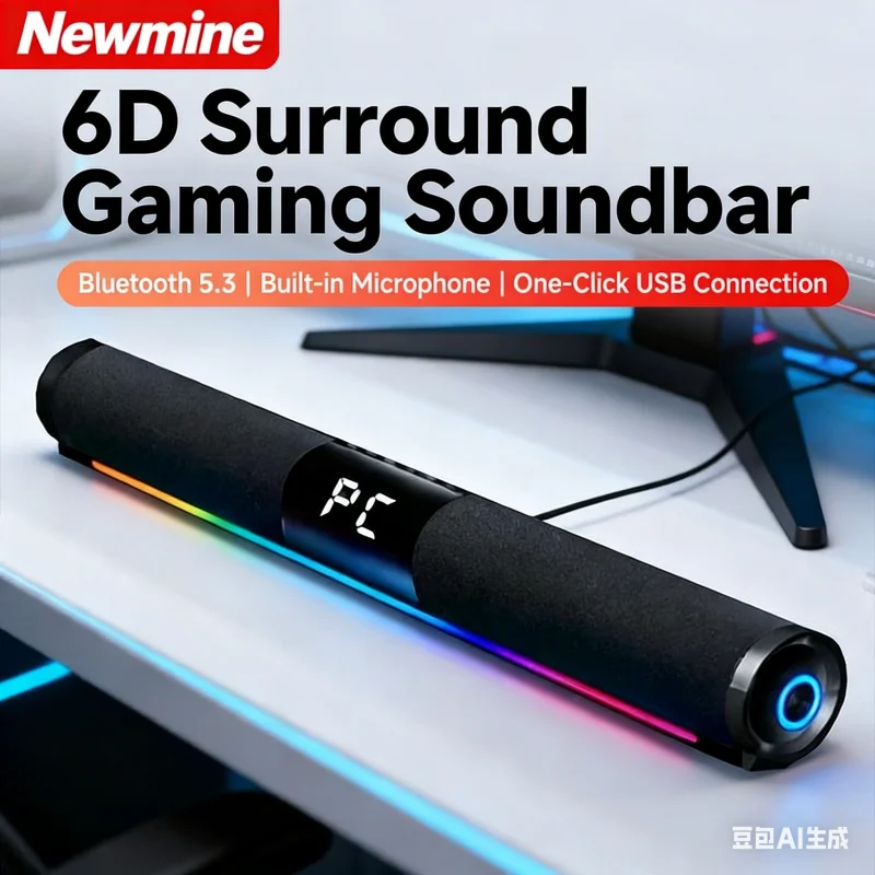 

6D Surround Soundbar, 2.0-channel Stereo Computer Speakers for Desktop Monitors with BT 5.3, RGB Light, USB/Type-C Plug and Play