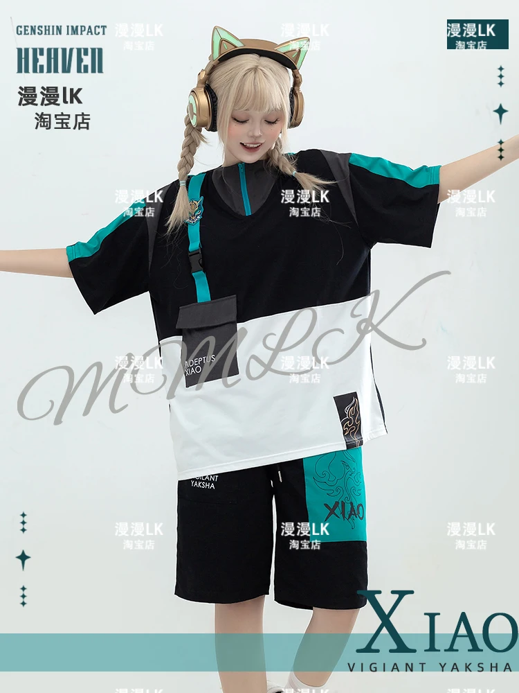 Anime Spiel Genshin Impact Xiao Cosplay gleichen Stil T-Shirt Männer Frauen Sommer uniform kurz ärmel ige Top Shorts Anzug Kostüm