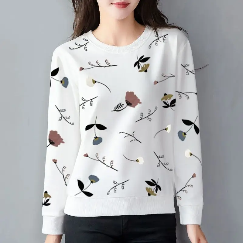 Women Clothing Autumn Korean Fashion Print Simple Casual All Match Sweatshirts Y2K O Neck Long Sleeve Loose Pullover Basic Tops