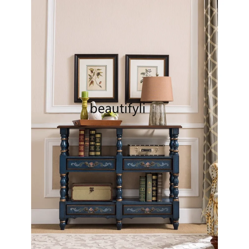 

American Retro Hallway Shelf Living Room Floor Wall Painted Storage Rack Double Rounds Drawer Bookshelf storage cabinet