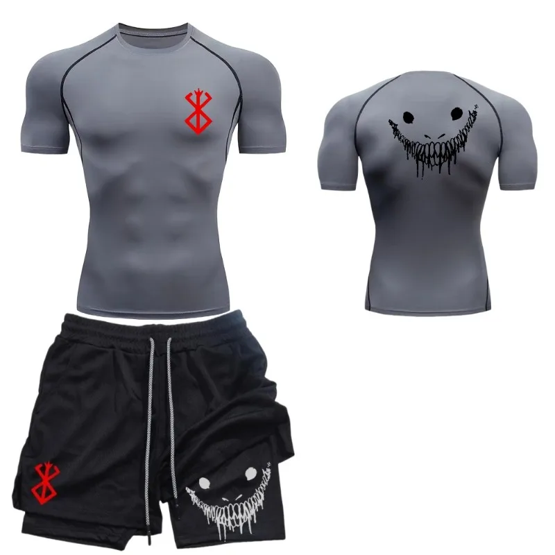 

Men's Compression Suit Sports Fitness Quick Drying Suit Tight Short Sleeved Anime Double Layer Shorts Summer