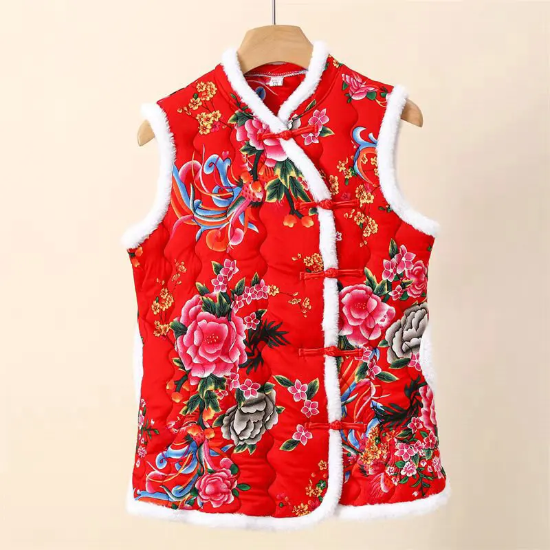 Plus size Chinese Style Winter Warm Cotton-padded Vest Northeast Flower sleeveless parkas Cheongsam Old-fashion peony tang vests