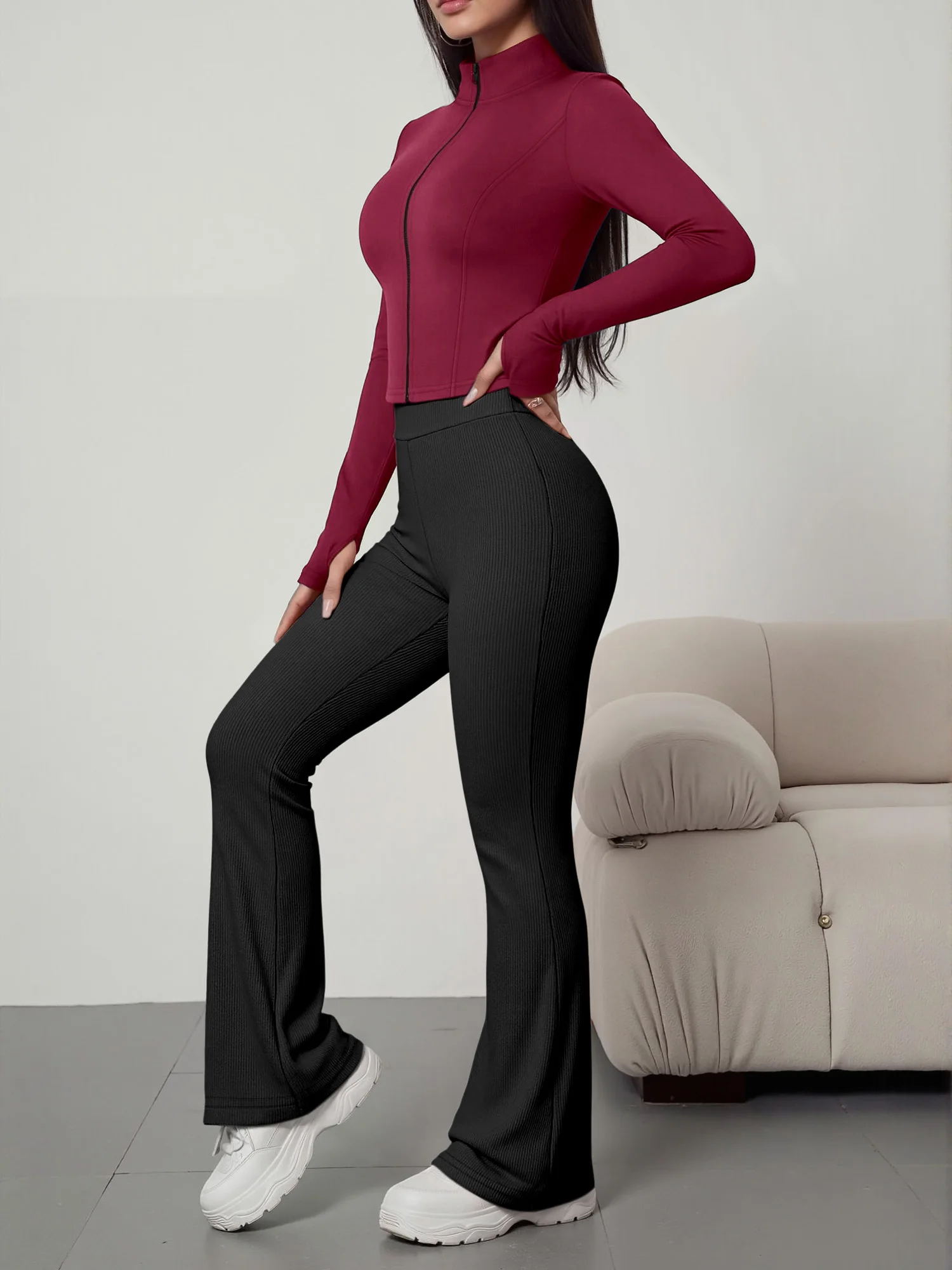 European American Women Ribbed Knit Two Piece Set, Long Sleeve Zip Top With High Waist Flare Pants, Casual Slim Daily Outfit