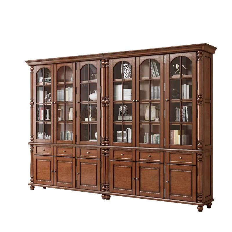 

American solid wood free combination bookcase study floor-to-ceiling log book cabinet Chinese locker glass door whole wall