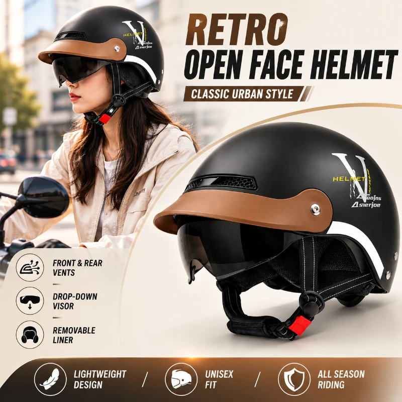 Retro Motorcycle Open Face Helmet Men Women 3/4 Half Helmet with Sun Visor Ventilated Lightweight Scooter Riding Helmet
