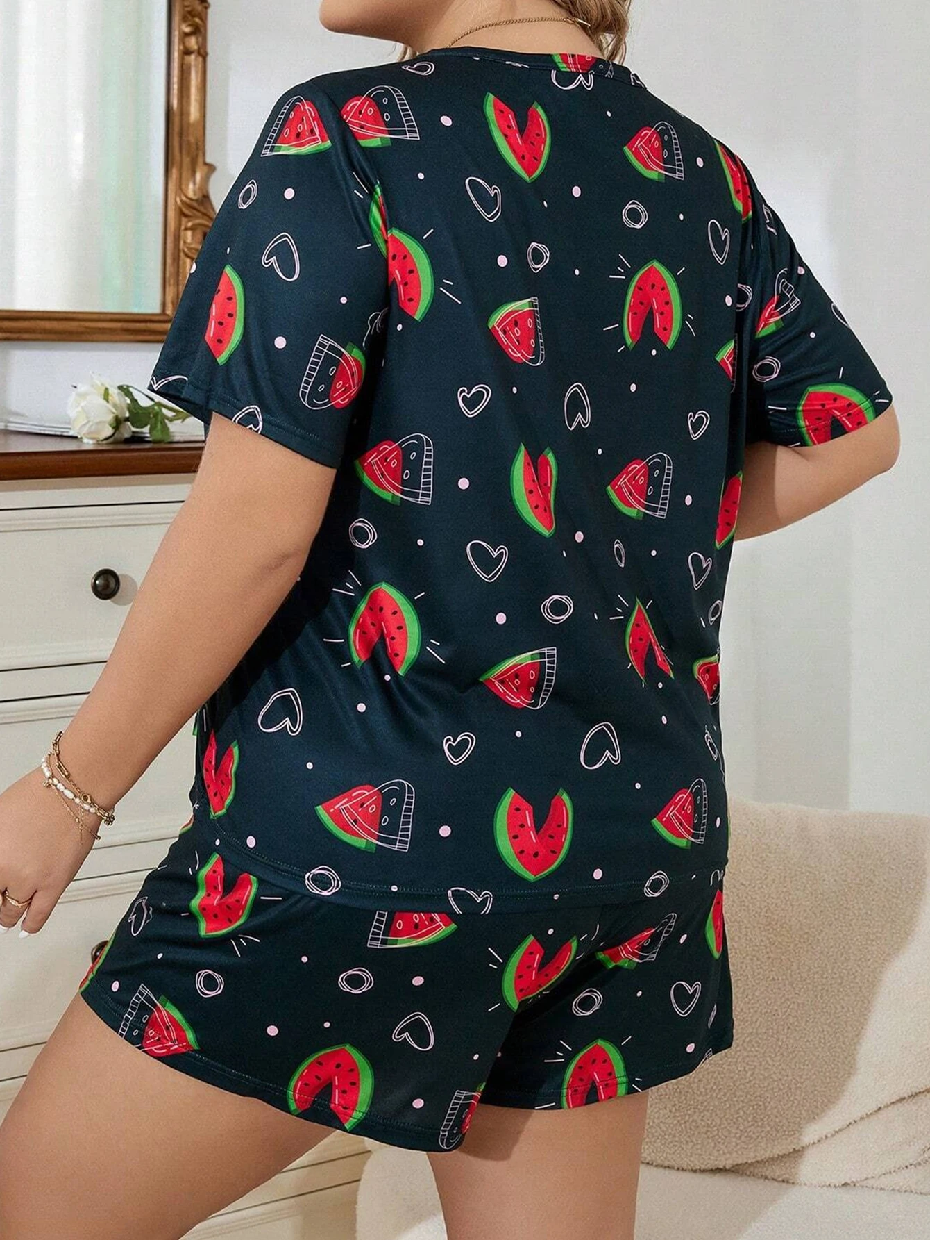 Summer casual watermelon printed short sleeved T-shirt&shorts oversized women\'s pajamas home clothing set